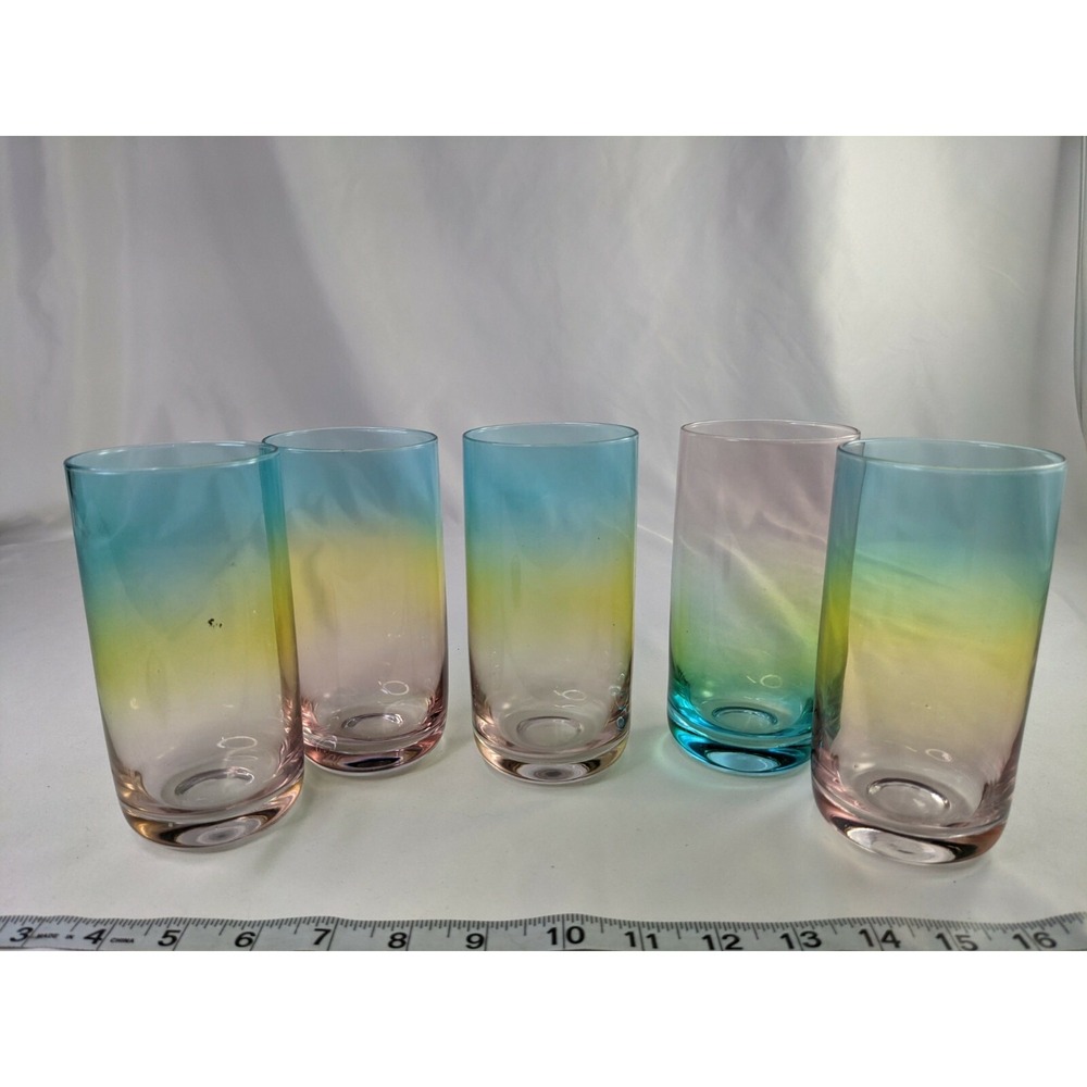 Ombre Graduated Colors Pink Yellow Blue Drinking Glass Cup‎ Lot of 5 Tumbler